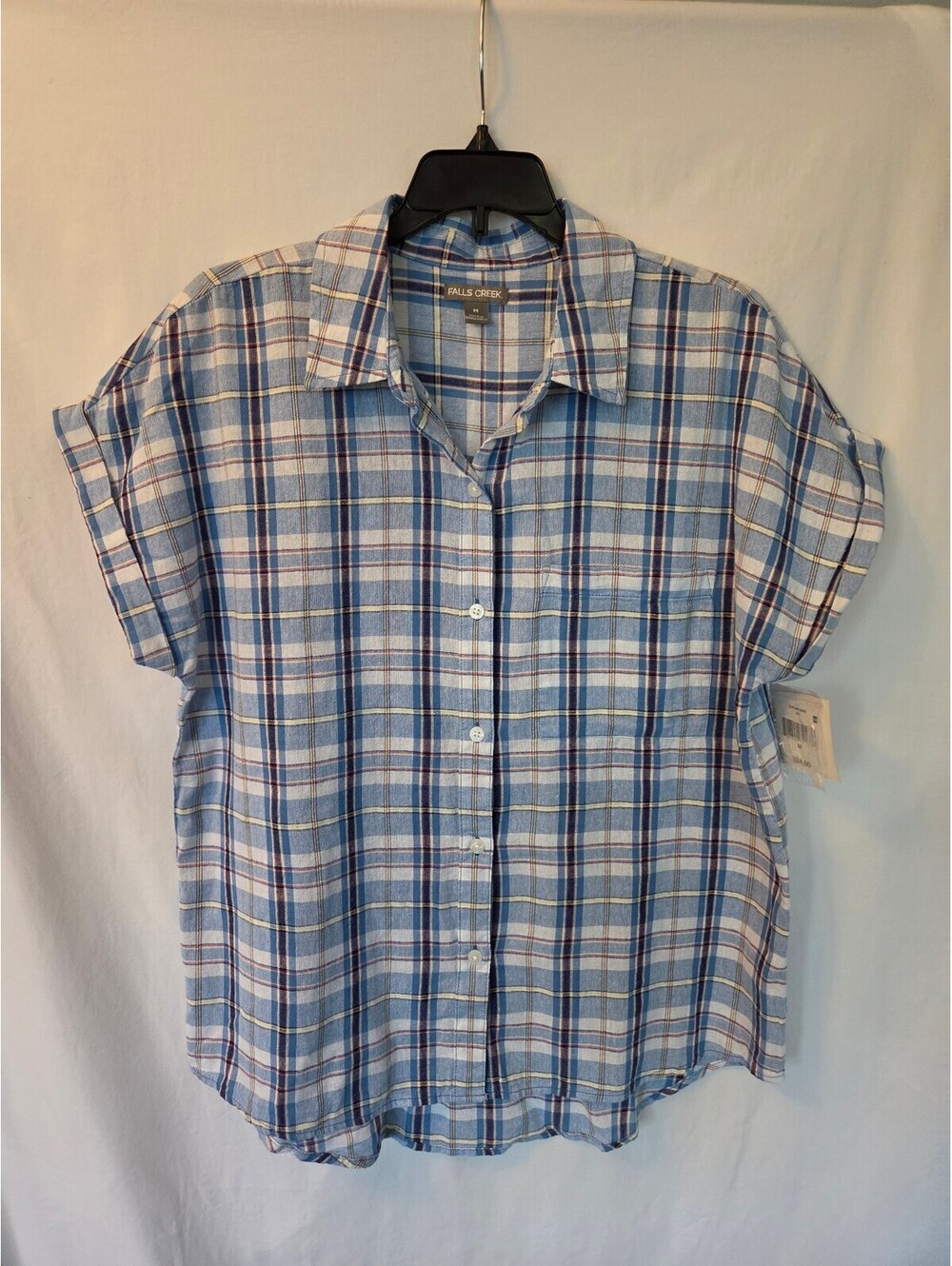 Falls Creek Medium Blue Plaid Short Sleeve Button-Up Shirt